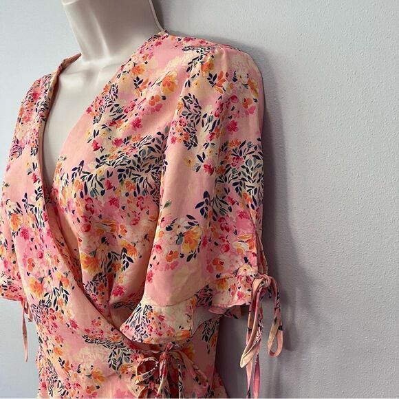 Topshop Salmon Floral Wrap Shirt Size 8 - Picture 3 of 11
